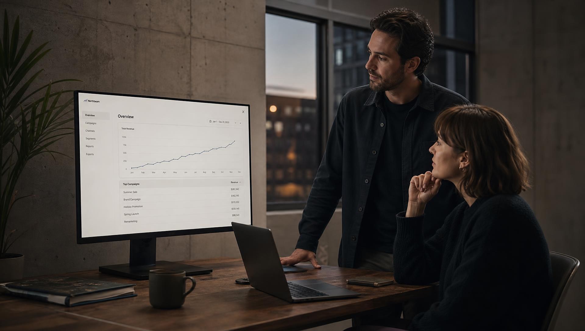 Growth marketers reviewing AI visibility performance on screen in a modern studio