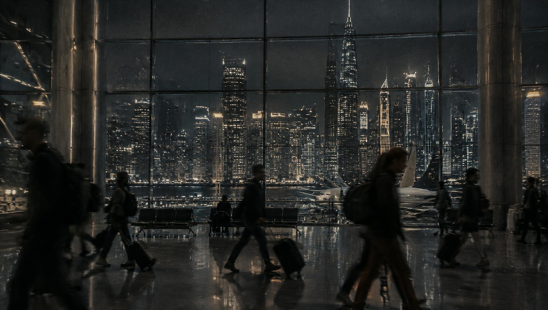 Travellers crossing an airport terminal overlooking a city skyline