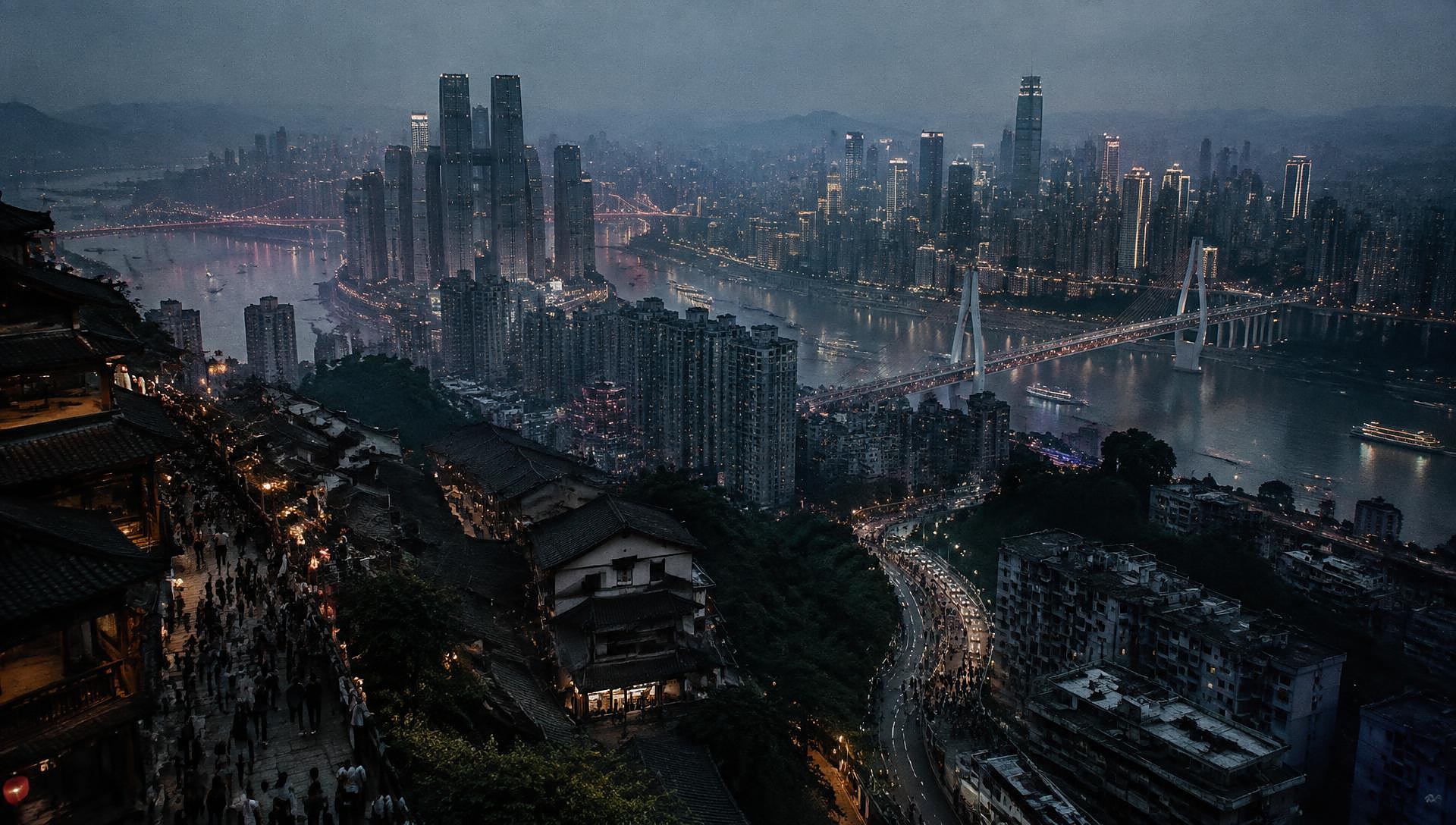 Dense Chinese megacity at blue hour